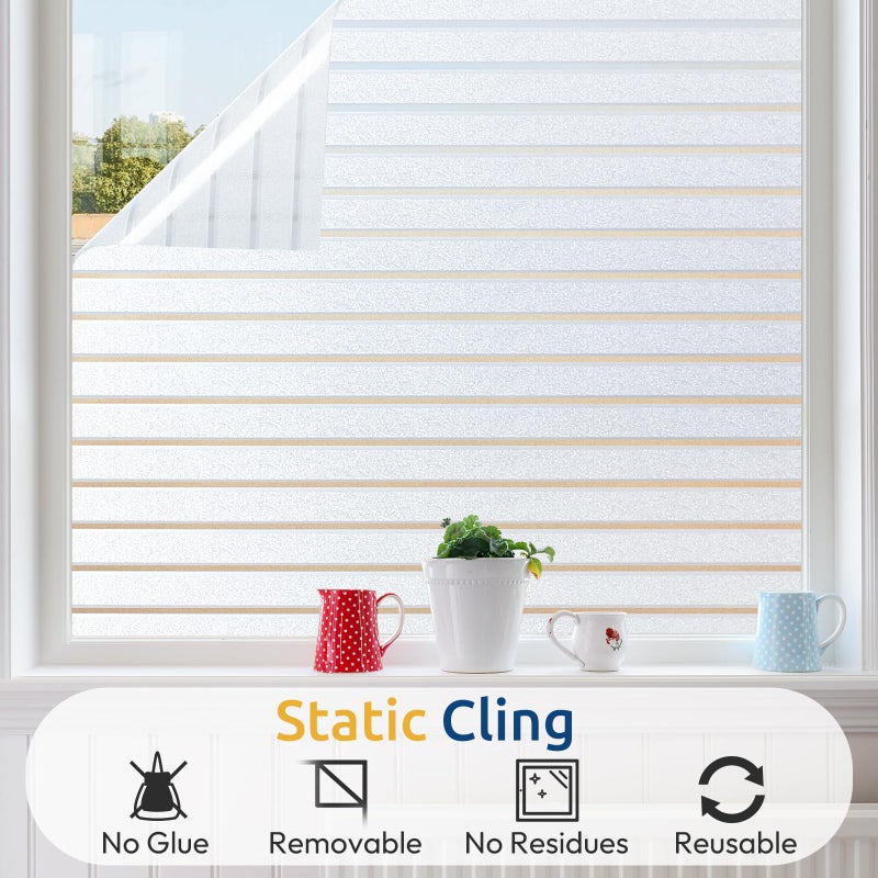 rabbitgoo Window Privacy Film, Frosted Glass Privacy Film, Window Frosting Cling for Glass, Non Adhesive Static Cling Front Door Covring, Anti-UV Reeded Blinds Sticker, Striped Pattern, 17.5" x 157.4" - Image 5